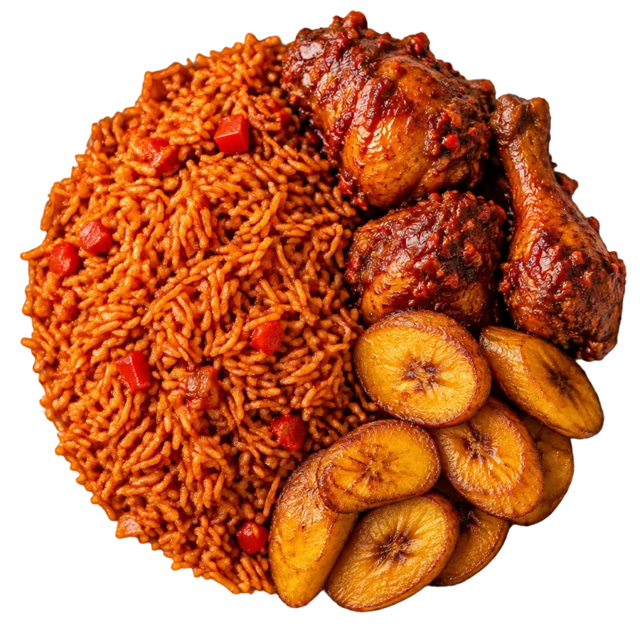Smoky Nigerian party jollof rice with peppered chicken and fried plantain from Booboo's Kitchen, Cape Town