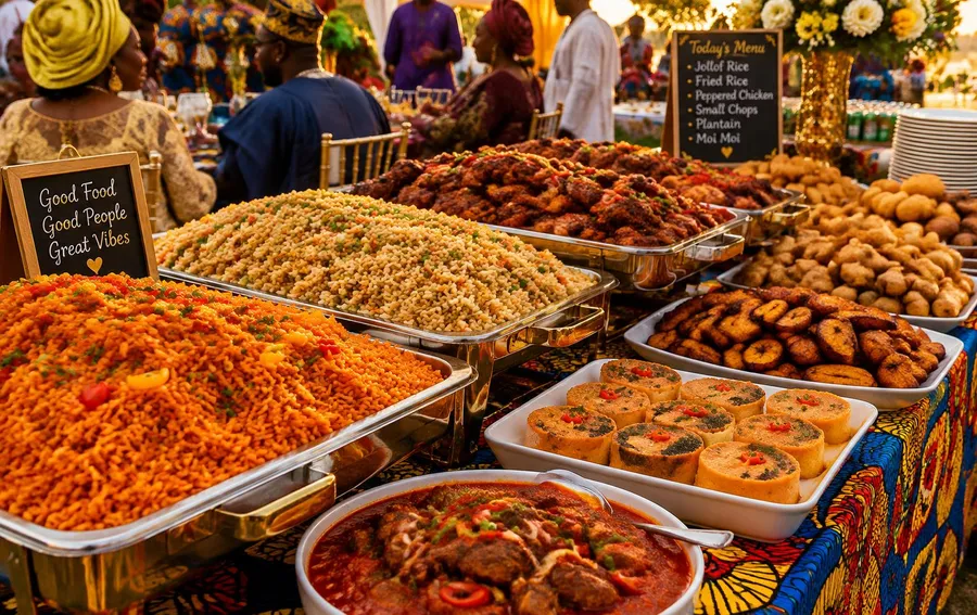 Nigerian party catering spread in Cape Town: jollof, fried rice, peppered chicken, small chops and plantain